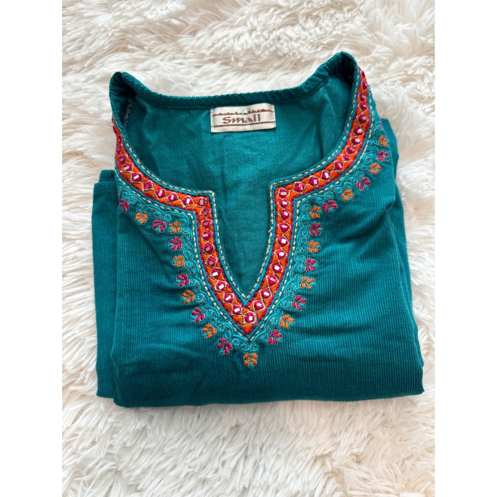 Vintage Teal Corduroy Embroidered Tunic Top Mirror Work Boho Longline Small